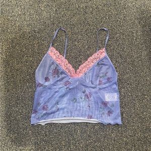 Motel rocks, purple floral, mesh, tank top with pink lacing